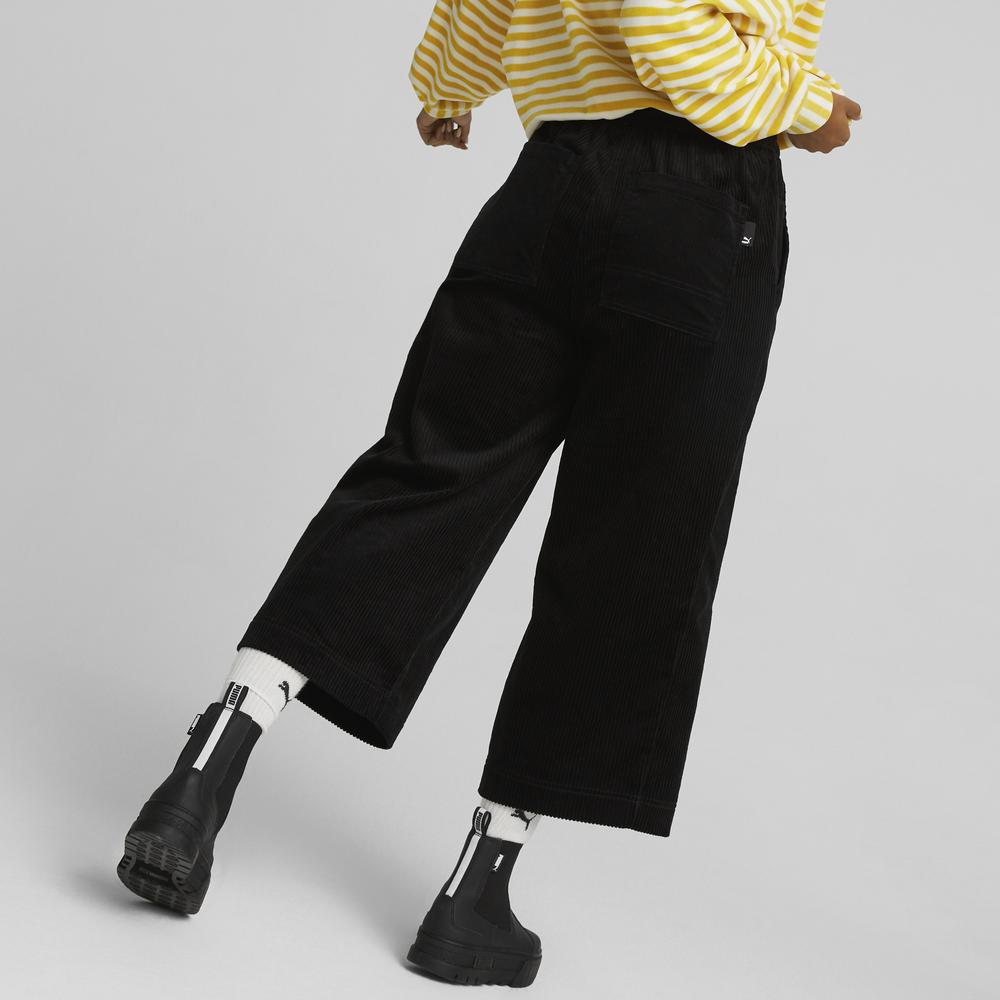 Puma Solid Corduroy Design Elastic Mid Waist Nine Point Casual Pants Women Bottoms Black 535748-01