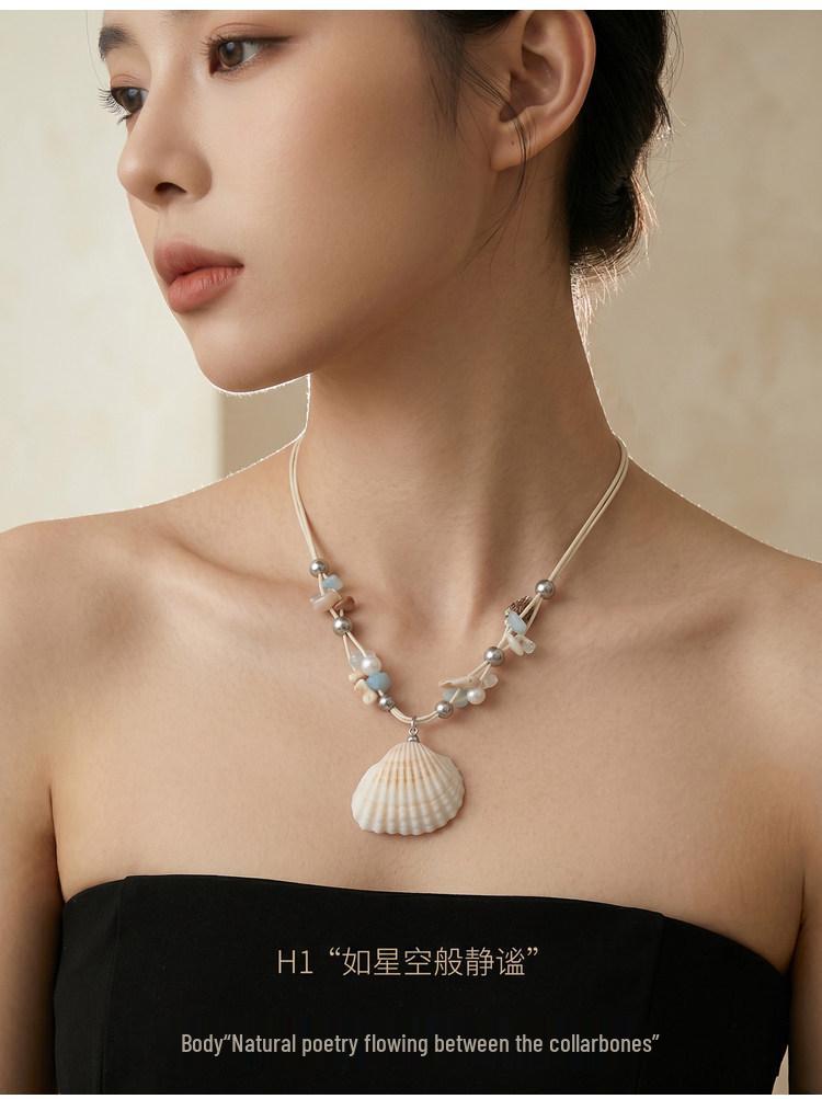 Pearl Style Shell Pendant Necklace: Women's Beaded Clavicle Chain with Seaside Luxury Charm