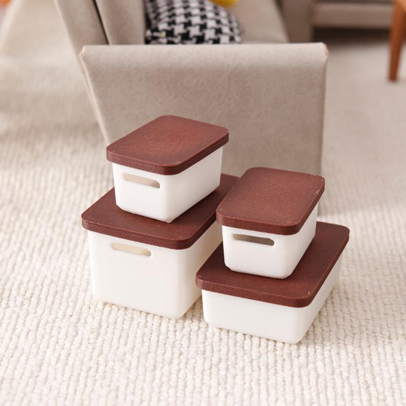 4Pcs Mini Storage Case With Cover 1/12 Dollhouse Miniature Food Storage Box Model Doll House Accessories Toy