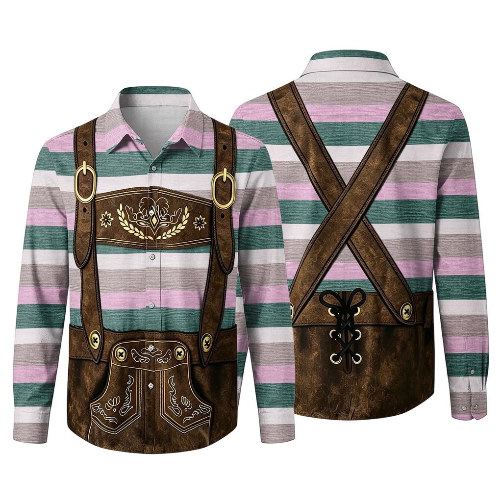 Men's Loose Fit Long Sleeve Shirt 3D Print Oktoberfest Style Button Down Shirt Casual Vintage Design Breathable Fabric Suitable for Outdoor Party