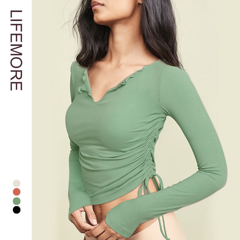 

Supaitao Long Sleeves Sports T-shirt Tight Women s Drawstring Lizhou Green S