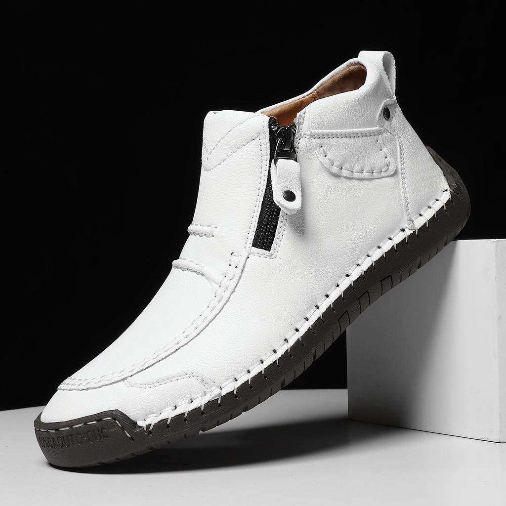 Men's Plus Size Zipper Martin Ankle Boots - Outdoor Casual Flat Sole Hand-Stitched Short Boots