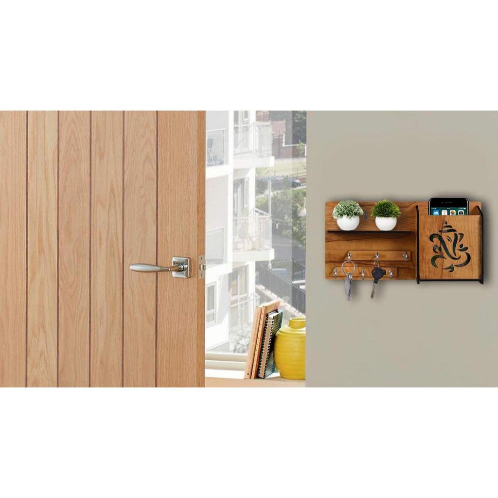 Mehrzweck-Schlüsselhalter aus Holz mit Ganesha-Motiv, mit mobilem Ständer und Wandregal, 6 Schlüsselhaken, 1 Stück, Holz