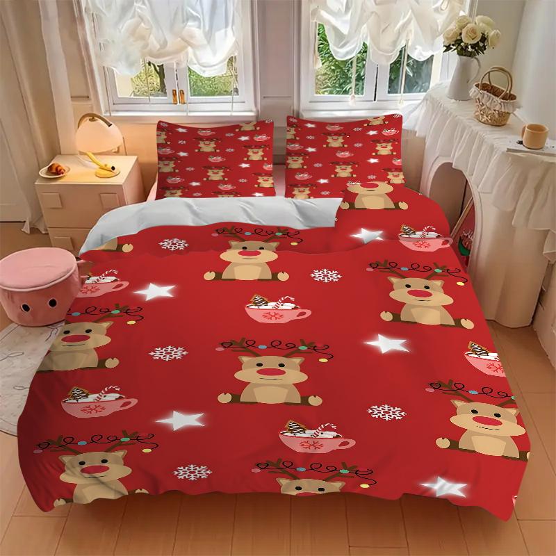 3Pcs Christmas Reindeer Hot Chocolate Bedding Sets For All Sizes New 3D Printed Bed Cover Comforter Duvet Cover Pillowcase Bedroom Decoration