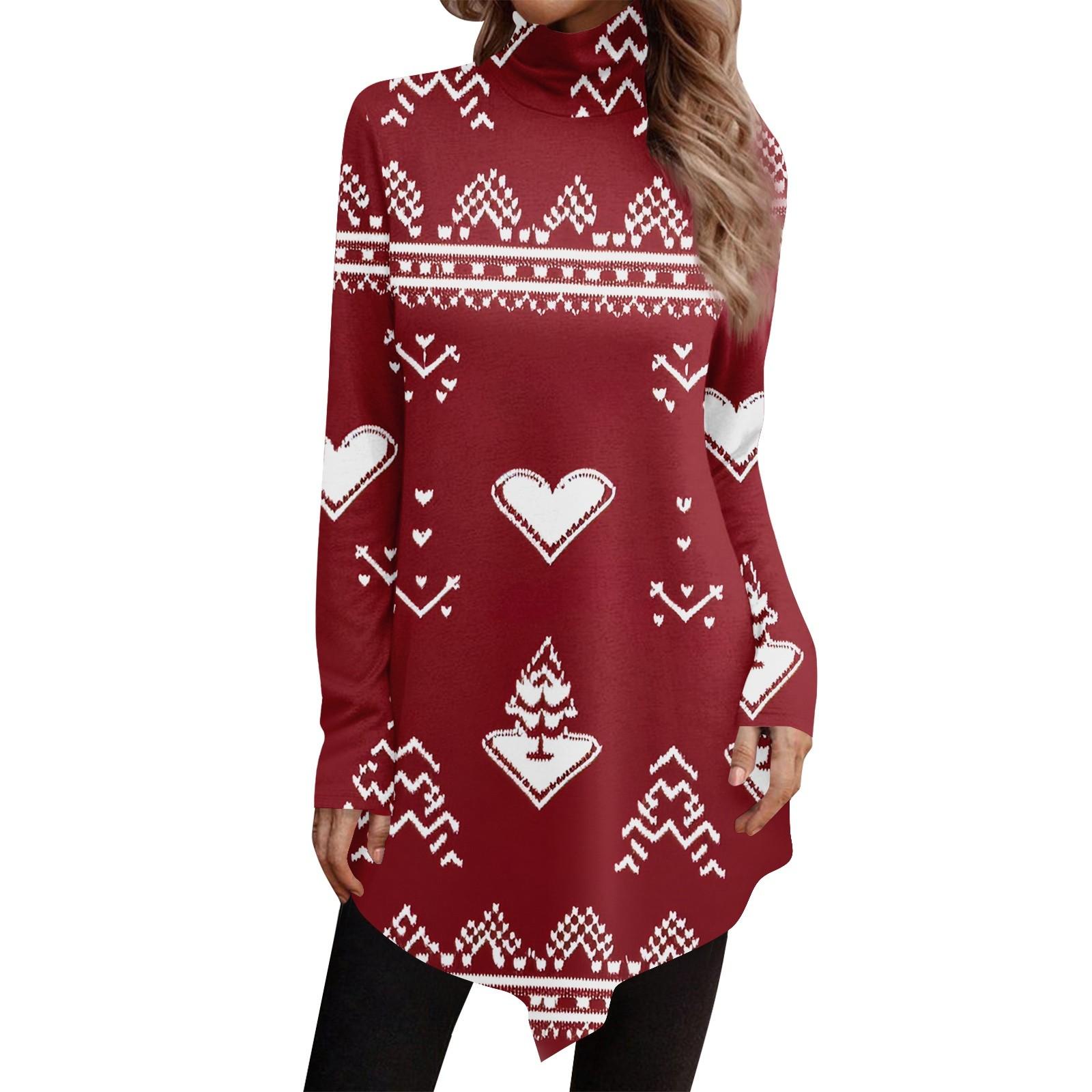 

Повседневная мода Рождественский принт Рубашка Топы Высокий ворот Неровный подол Длинный рукав Пуловер Топы M винный