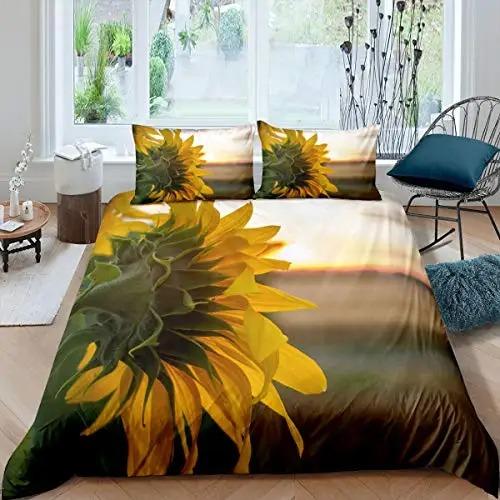 Sunflower Duvet Cover Set Blooming Sunflowers Field Print Bedding Set for Kids Modern Oil Painting Microfiber Comforter Cover