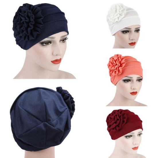 Turban Hat Stretchy Breathable Solid Color Women Side Flower Beanie Cap Headwear Hair Accessories