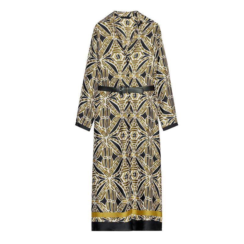 

Spring New Women s Clothing Vacation Style with Belt Printed V-neck Long Sleeves Midi Skirt Dress 3897055 Multicolor L