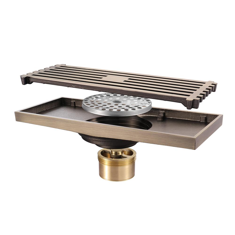 Antique 20CM Rectangular Shower Floor Drain Bathroom Large Displacement Shower Anti-odor Toilet Floor Drain (as the picture,Brass)