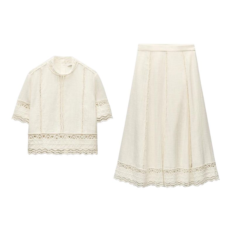 Women's Stand Collar Crocheted Detail Short Sleeve Shirt 2731043 Crocheted All-Matching Comfortable Skirt 2731044