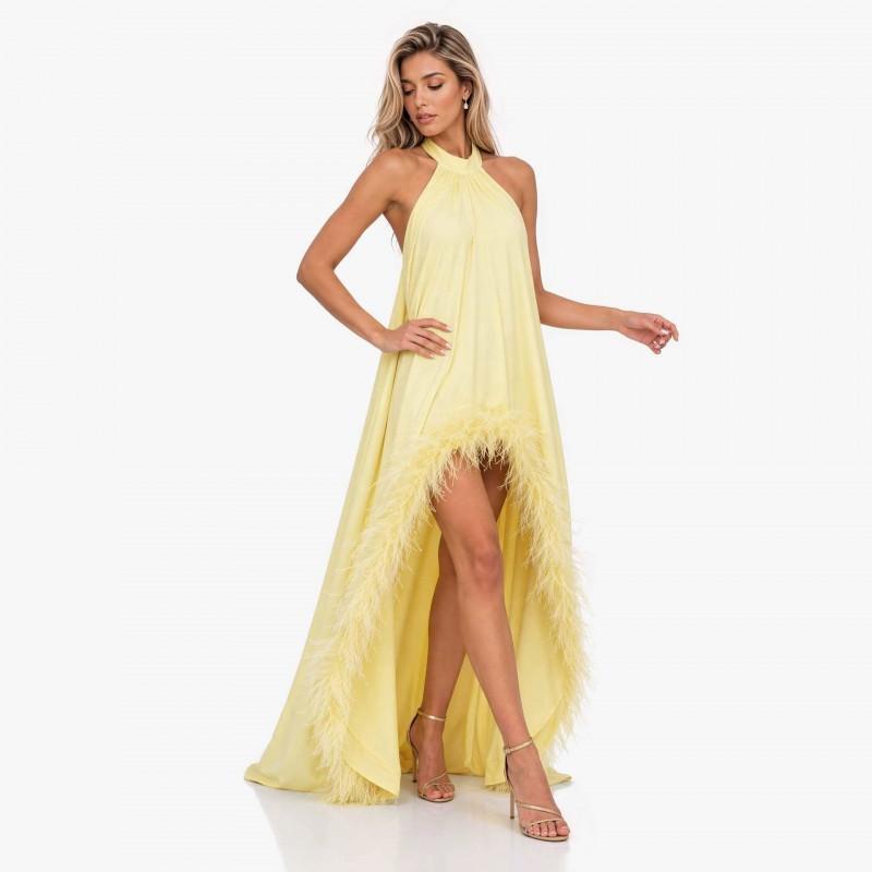 Elegant Off-Shoulder Feather Train Evening Gown Women Long Backless Formal Dress In Acetate Satin