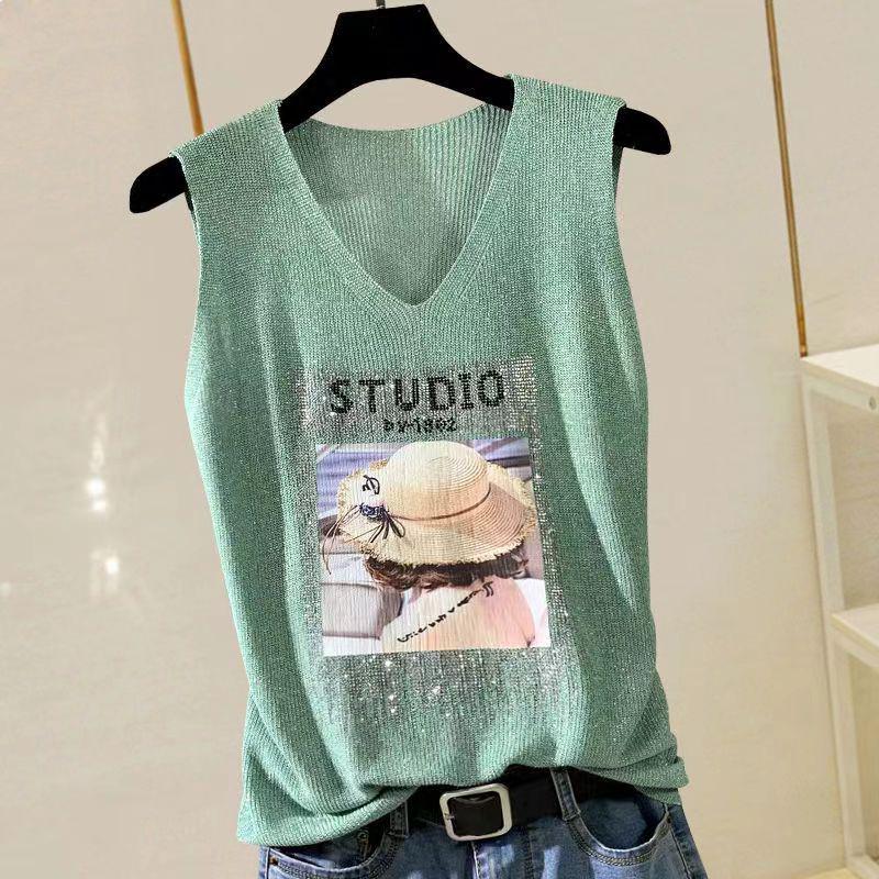 2023 Shiny Silk Sleeveless V-Neck Women's Vest - Spring/Summer New Style, Loose Fit with Hot Diamond Sling Knitted Design