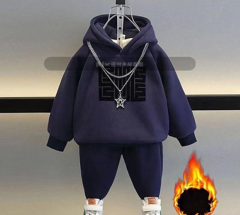 Kids Sweatshirts Sets Winter Children Plus Velvet Thick Warm Suit Boys Girls Hooded Pullover+Pants 2Pcs Cotton Tracksuit Outfits