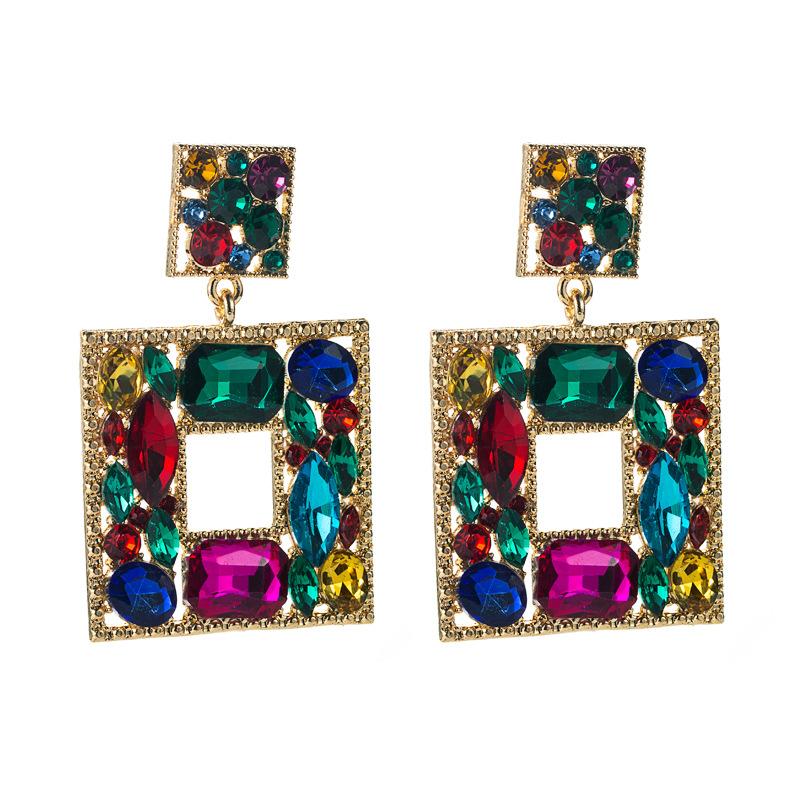 Boucles d'oreilles pendantes pour femmes, en alliage de verre, style baroque, cristal coloré, géométrique, boucles d'oreilles de fête exagérées pour femmes