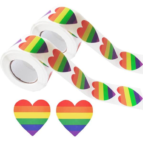2 Roll Gay Pride Stickers Rainbow Heart Shaped Tape LGBT Sticker for Pride Parades Festival Party Decoration (1000 Pcs)