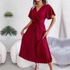 Elegant Summer Maxi Dress V Neck Short Sleeve Solid Color Pleated Long Dress Women Fashion Spring Summer Sizes S XL
