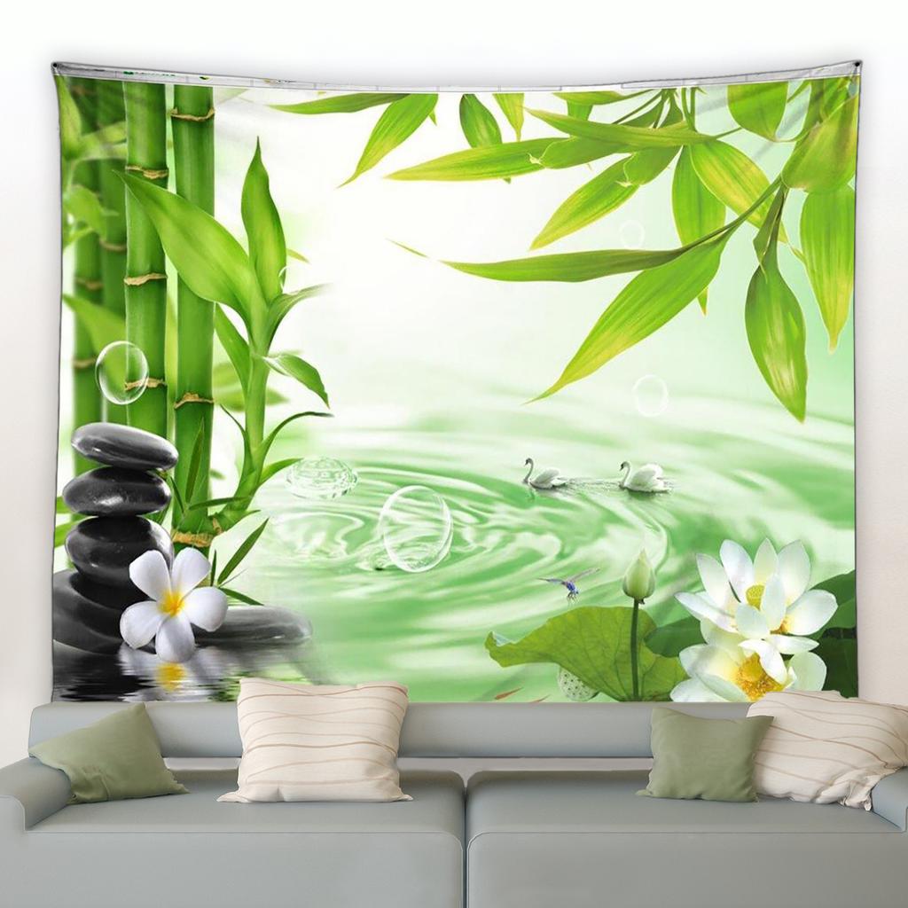 Natural Flower Carp Garden Scenery Wall Hanging Living Room Bedroom Dormitory Decoration Lotus Green Bamboo Zen Tapestry