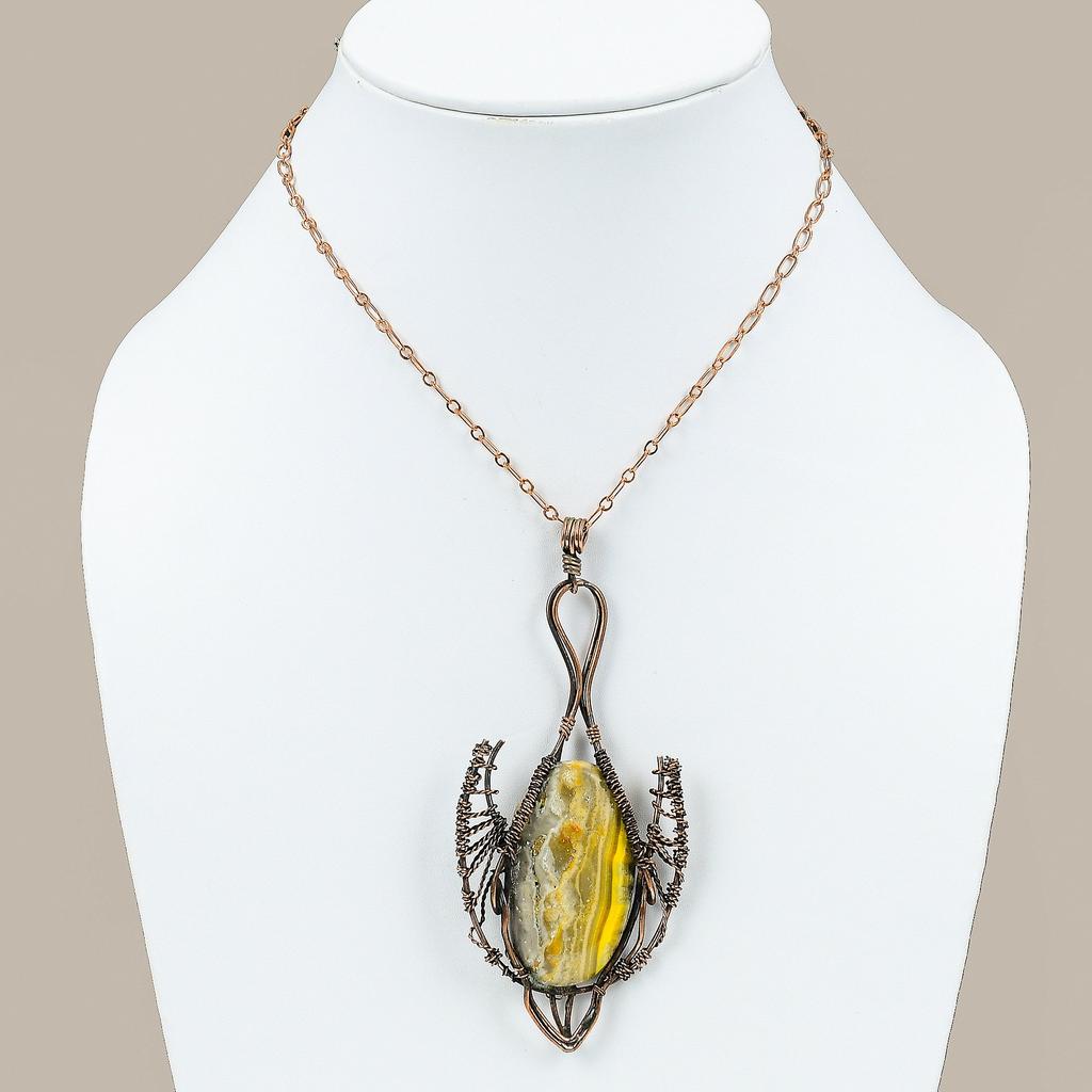 Piatră prețioasă Jasp Bumblee Bee Natural Înfășurat în Sârmă de Cupru Cadou Pandantiv 4.13" d7y43