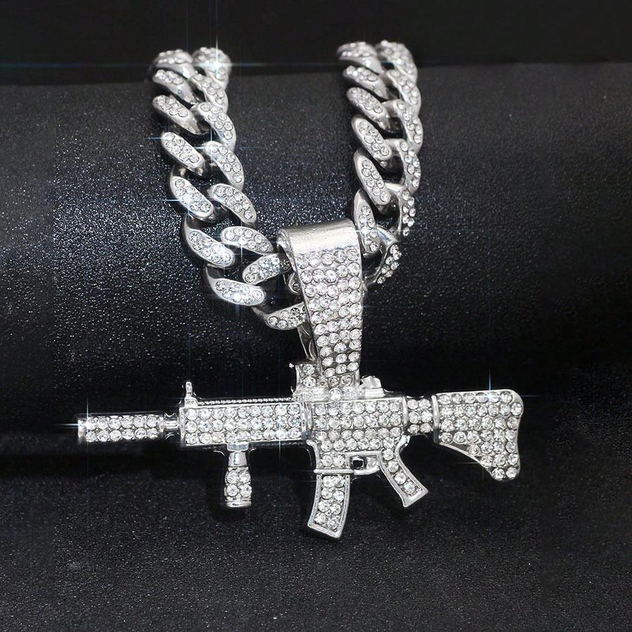 Rhinestone Gun Pendant Necklace, Trendy Hip Hop Nightclub Accessory, Full Rhinestone Alloy Design.