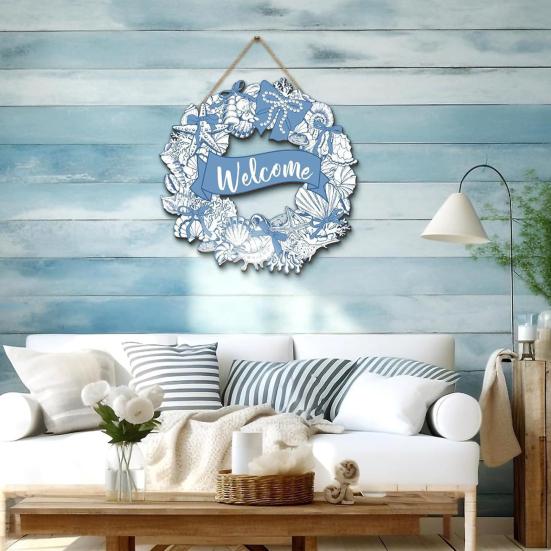 Welcome Summer Sign Shells Starfish Wall Hanging Wreath Farmhouse Coastal Beach Wooden Round Door Hanger for Front Door Porch Courtyard Decor