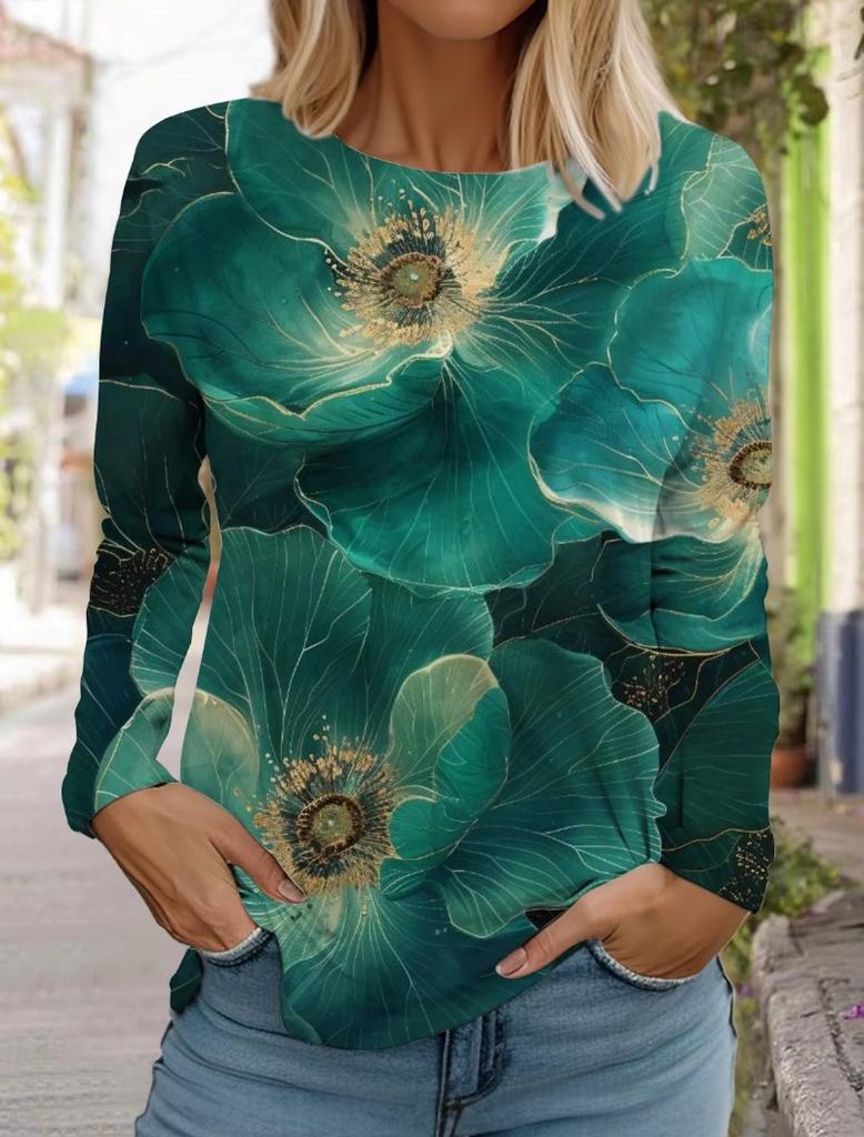 Women's 3d Printed Flower T-shirt Fashion Long-sleeved Round Neck Regular Tops Holiday Weekend Blue Spring and Autumn Wear