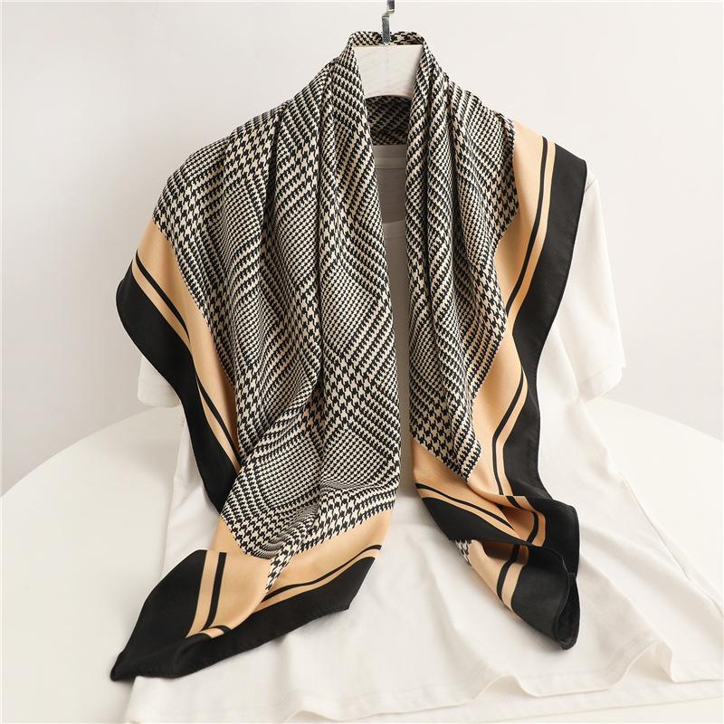 Temperament Silk Scarf Women's 91cm Twill Silk Headscarf Simple Large Square Scarf Sun Protection Decorative Shawl Thousand Birds Plaid Scarf