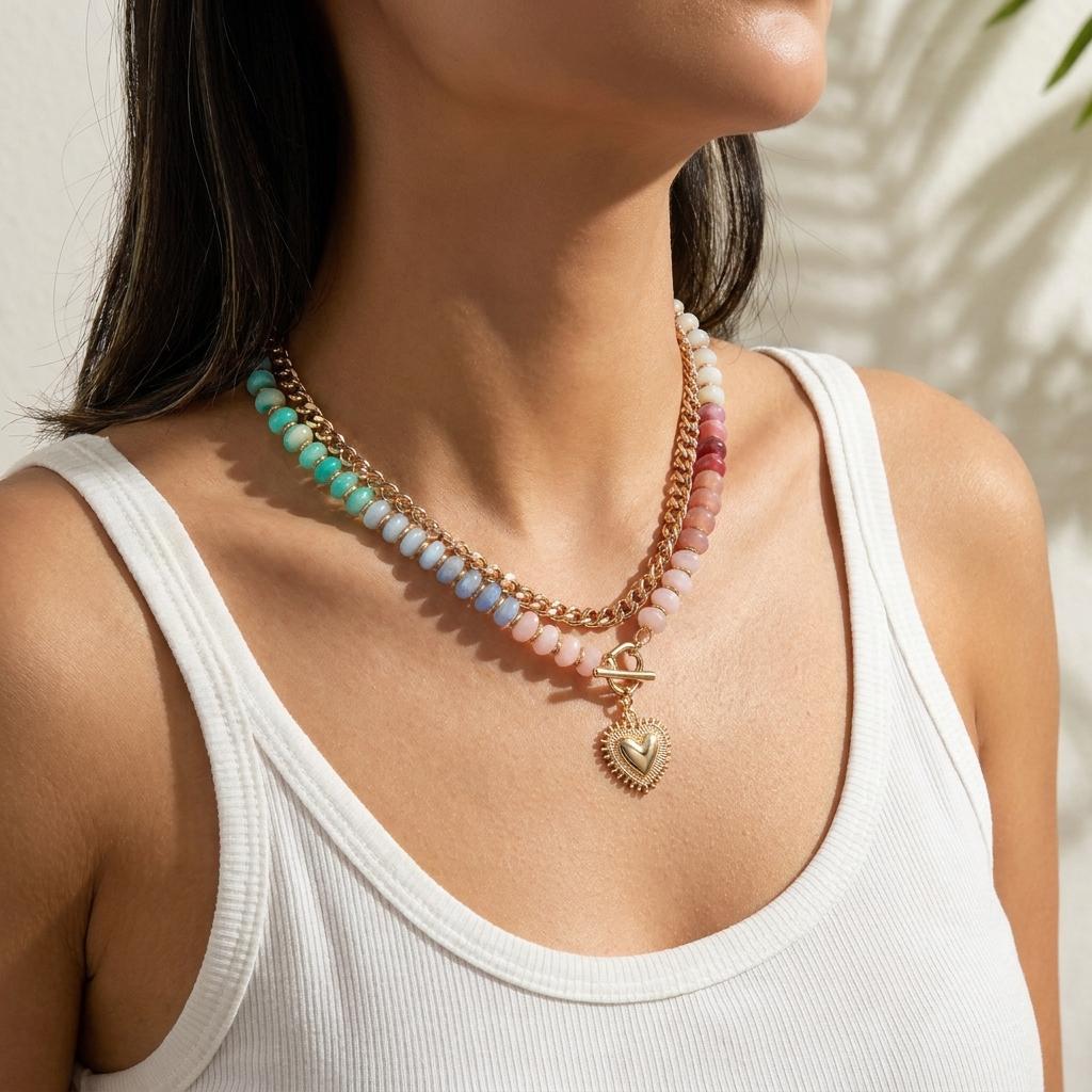 Collares Boho de Resina Colorida con Cuentas de Doble Capa para Mujer Gargantilla con Colgante Vintage de Corazón Cierre OT Colgantes de Verano Joyería Regalos