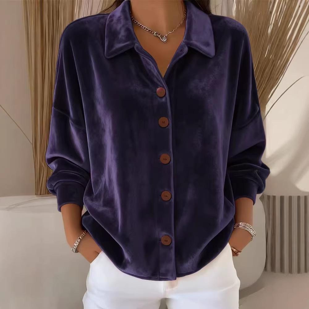 Women's Casual Long Sleeve Shirt Collar Cardigan Gold Velvet Multi-Color Open Front Top Fashion Soft Velvet Blouse