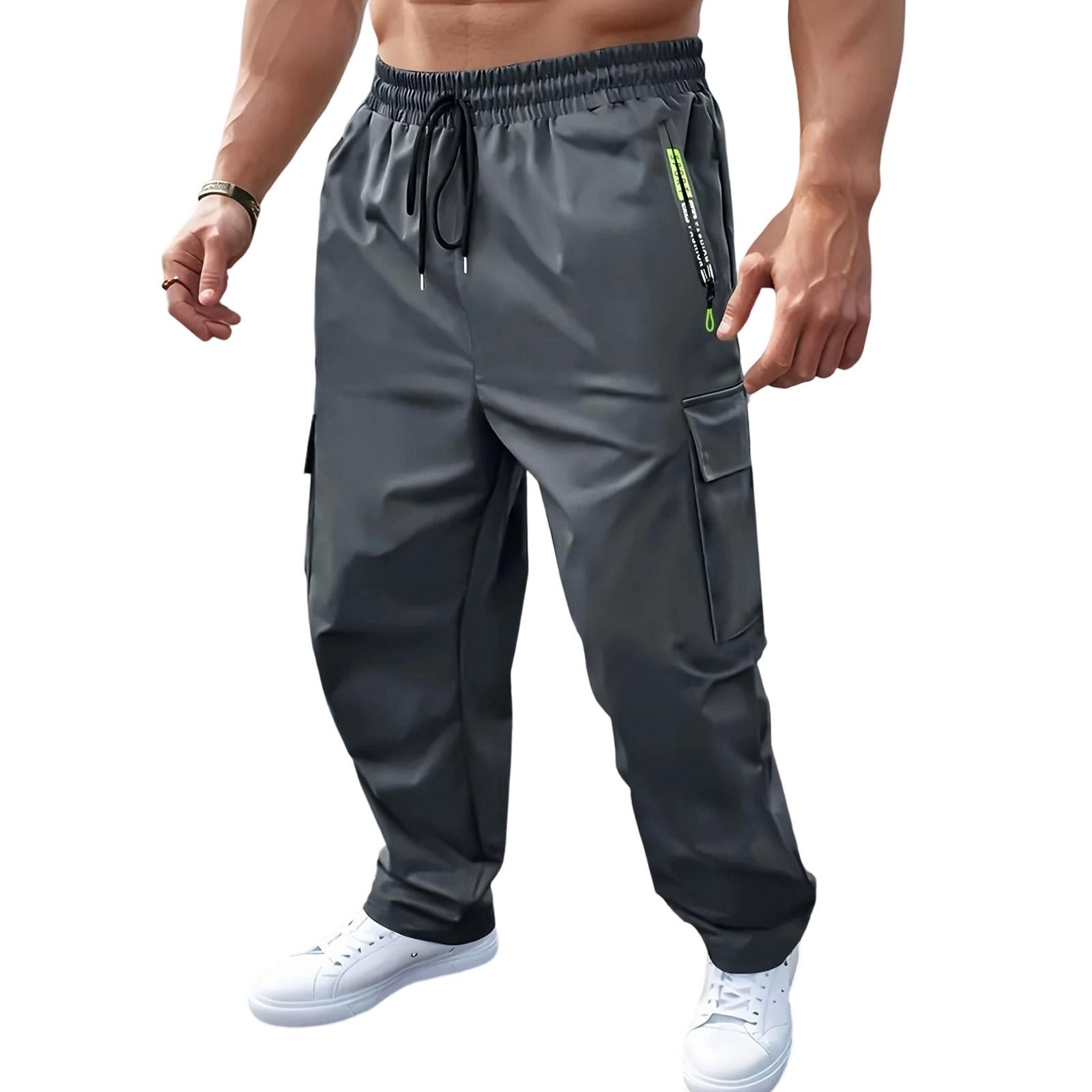 

Mens Casual Cargo Pants with Zipper Pockets Drawstring Waist Multi Pocket Loose Fit Breathable Athletic Workout Trousers XXL