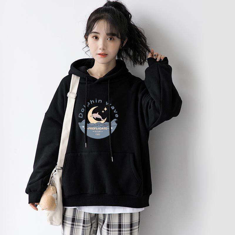 Autumn Winter Plush Hoodie for Women Loose Thick Student Moon Print All-match Pullover Hooded Top