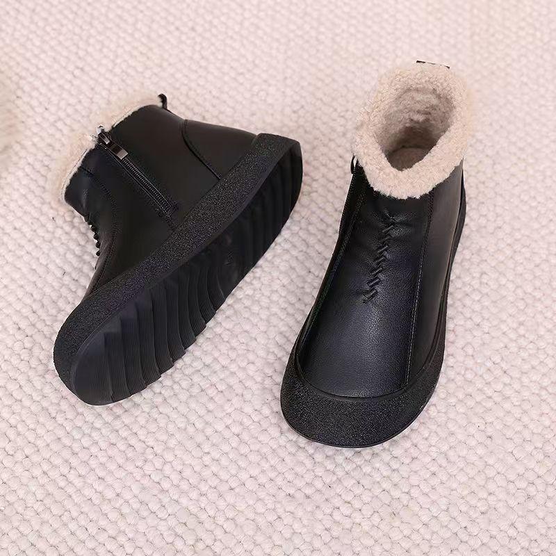 Women Winter New Real Leather Ankle Snow Boots Thick Sole Non Slip Waterproof Round Toe Flat Sole Zippers Elderly Cotton Shoes