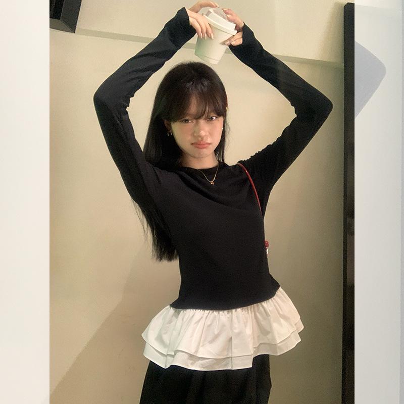 

Балетна мереживна чорна базова сорочка - Жіноча осінь/зима оксамитова приталена футболка з довгим рукавом Black