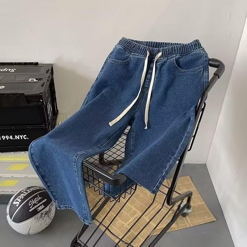 Women Elastic Drawstring Waist Straight Jeans Loose Wide Leg Denim Pants Casual Light Washed Long Trousers