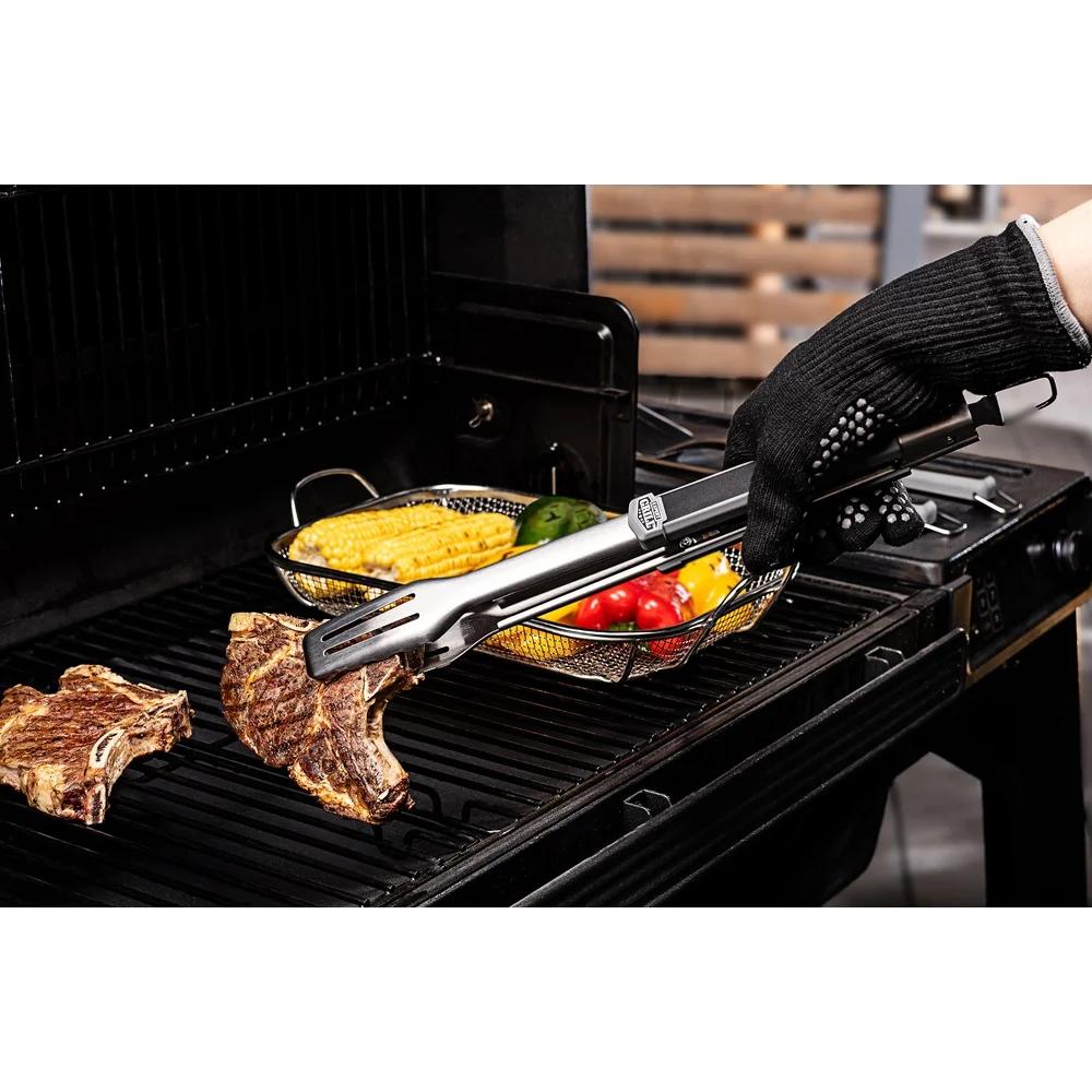 Stainless Steel Grilling Tools Set 4 Piece BBQ Set with Tongs Spatula Fork Basting Brush Ergonomic Handles Hooks Dishwasher Safe