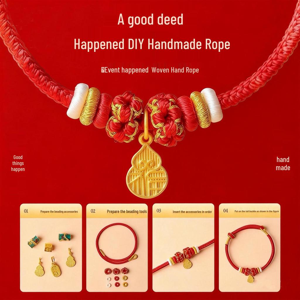 Peach Blossom Zodiac Red DIY Rope Bracelet - Handmade 8-Strand Braid for Beads.