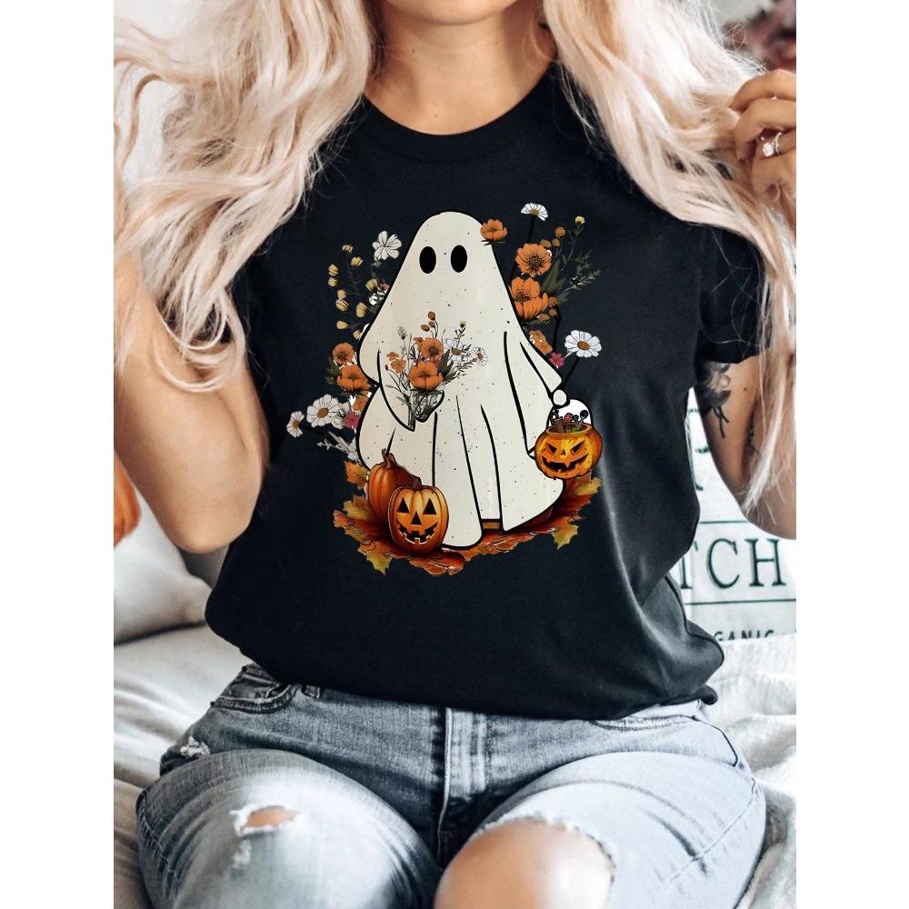 

The Halloween Skeleton Pumpkin and Ghost Print T-shirt Casual Crew Neck Short Sleeve Top for Aesthetic Clothes S
