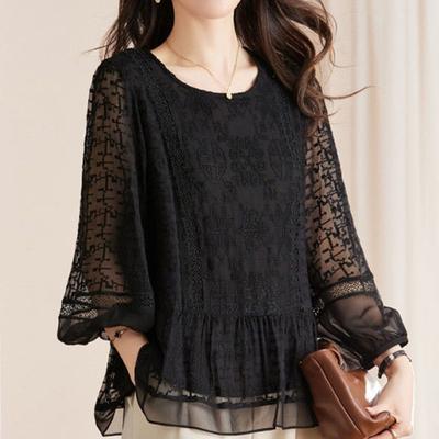 Office Lady Solid Embroidery Lace Patchwork Shirt Autumn New O-Neck Nine Quarter Lantern Sleeve Loose Blouse Women Clothing