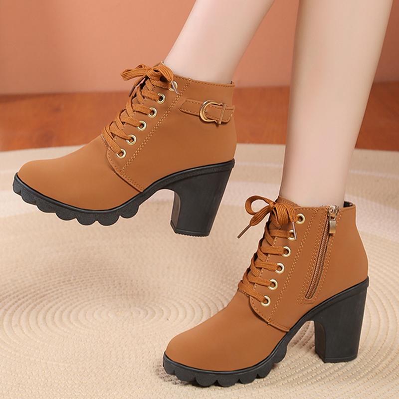 Mode Mode Schwarze Klobige Absatz Damen Stiefeletten 2024 Herbst Metalldekor Hohe Absätze Schuhe Frau Schnürung Plateau Stiefeletten Große Größe