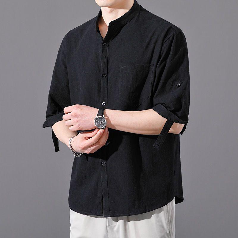 Men's Trendy Summer Cotton-Linen Stand Collar Shirt, Short-Sleeved, Loose Fit