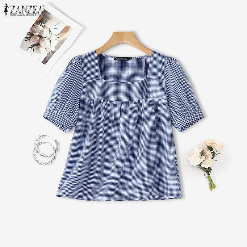 ZANZEA Women Grid Print Casual Square Collar Short Sleeve Blouse