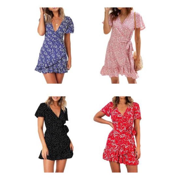 Summer Boho Floral Wrap Dress V Neck Short Sleeve Ruffled Hem Swing Sundress for Women Beach