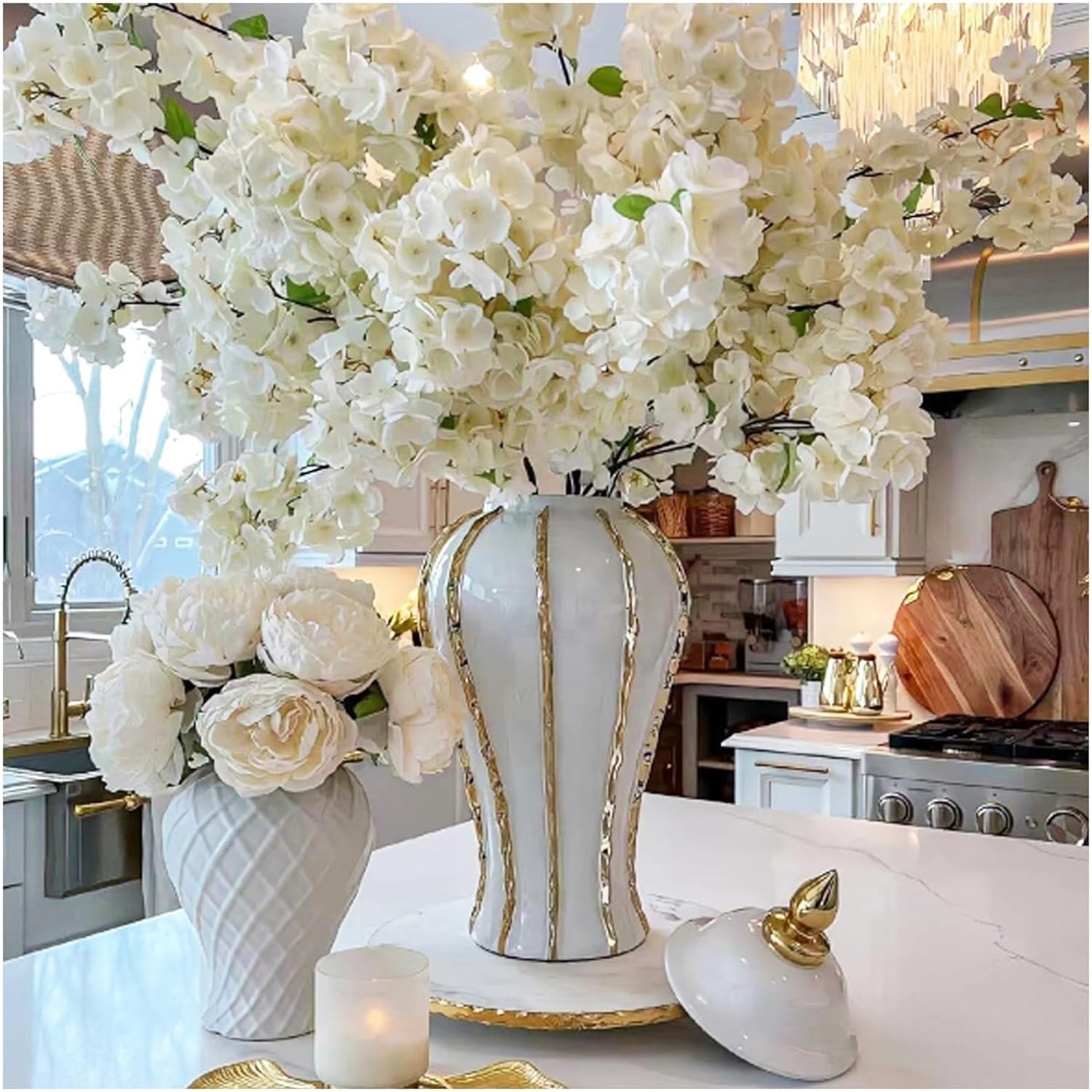 

Ceramic Ginger Jar, White Vase with Golden Lines, Handicraft Decorative Vase, European Style Storage Jar with Lid, for Weddings Home(14 -with Lid) 14 -Without Lid