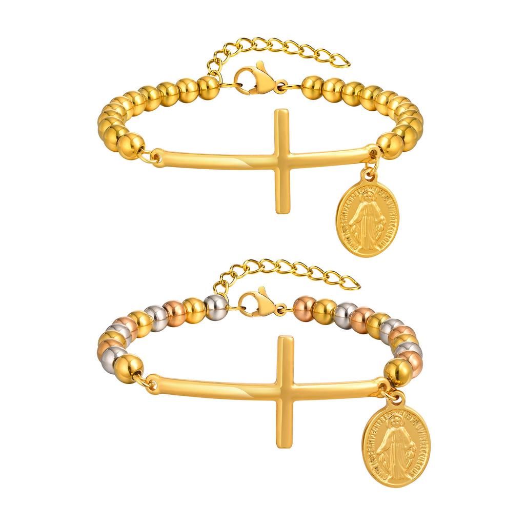 Stainless Steel Cross Curved Card Round Card Three-Color Beaded Gold Bracelet 2006