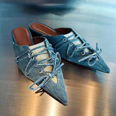 Fashion Luxury Designer Denim Blue Women's Slippers Sexy Pointed Toe Cross Tie Slide Sandals Elegant Cozy Flat Mules Shoes for Women