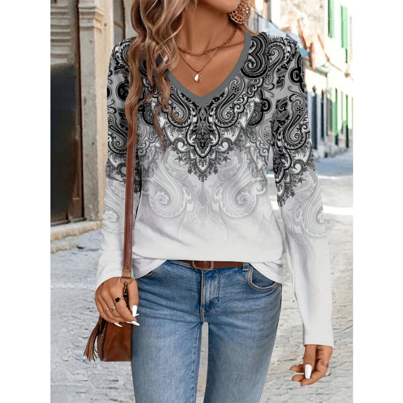 Women's Elegant V-Neck Marble Print Long Sleeve T-Shirt Soft Polyester Great for Autumn and Winter Casual Wear Floral Print Tops