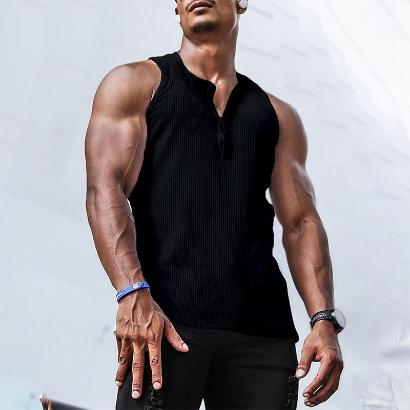 Men's Summer Sleeveless Solid Color Camisole Sports Casual Elastic Vertical Round Neck Top