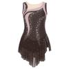 Women Rhythmic Gymnastics Leotard Round Neck Sleeveless Contrast Color Patchwork Rhinestones High Slit Skirt