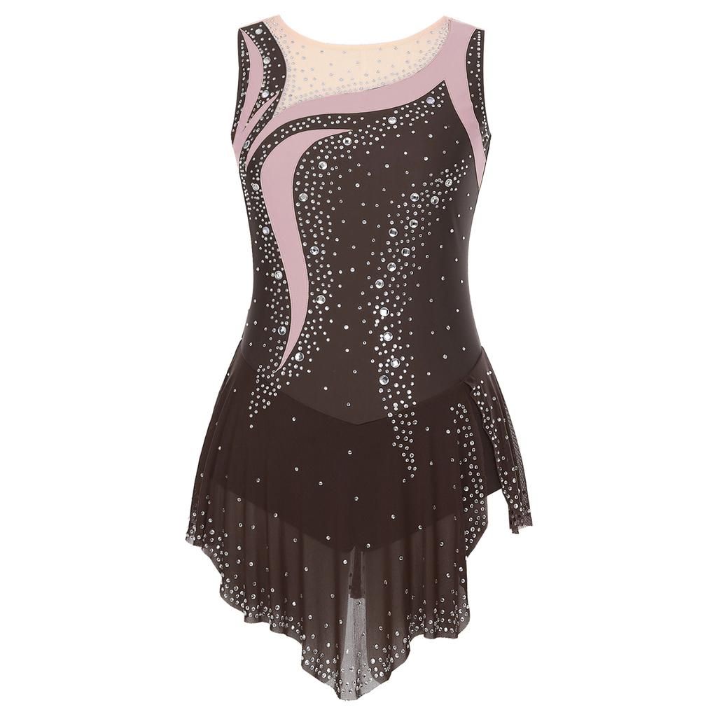 Women Rhythmic Gymnastics Leotard Round Neck Sleeveless Contrast Color Patchwork Rhinestones High Slit Skirt