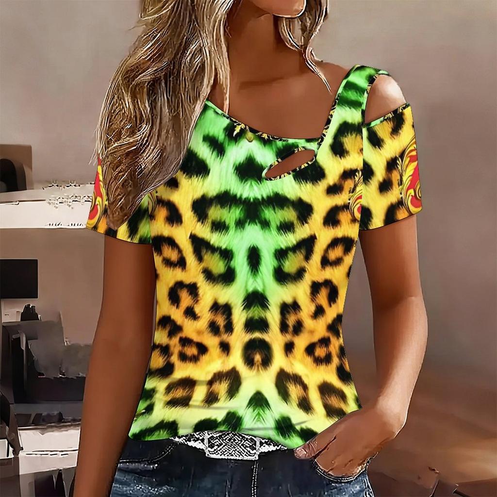 Damska Koszulka T-shirt z Panterką, Odkrytymi Ramionami, Krótkim Rękawem, Nieregularnym Wycięciem pod Szyją, Casualowa Letnia Bluzka Top
