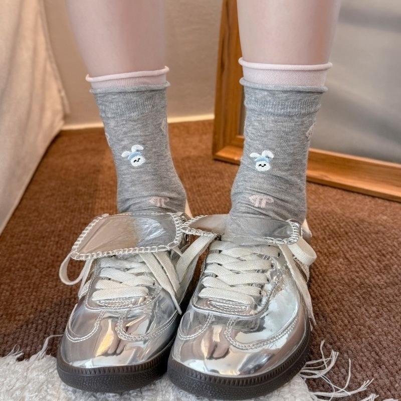 Children's Spring/Summer Collection Cute Cartoon Embroidered Socks - Women's Mid-Calf Socks with Boneless Trendy Stripes and Layered Design